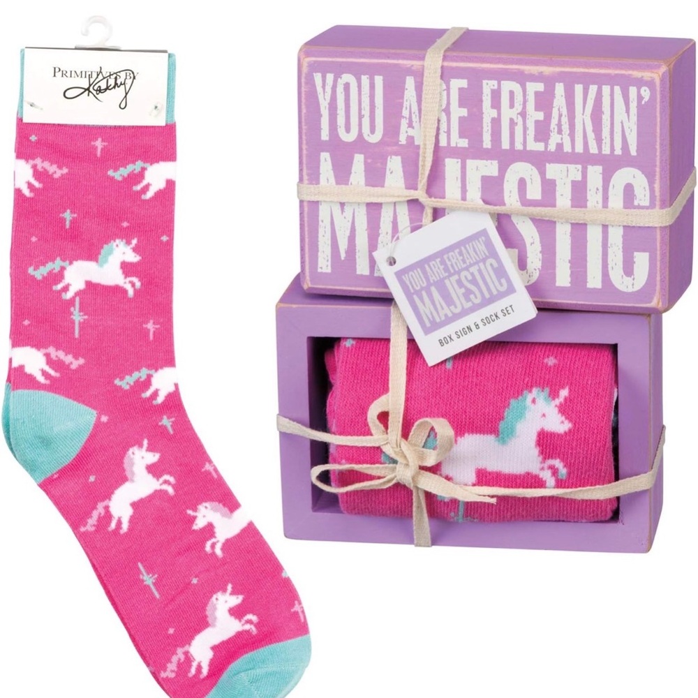 Five Primitives by Kathy Pink Unicorn Socks. Can be sold together or separately.